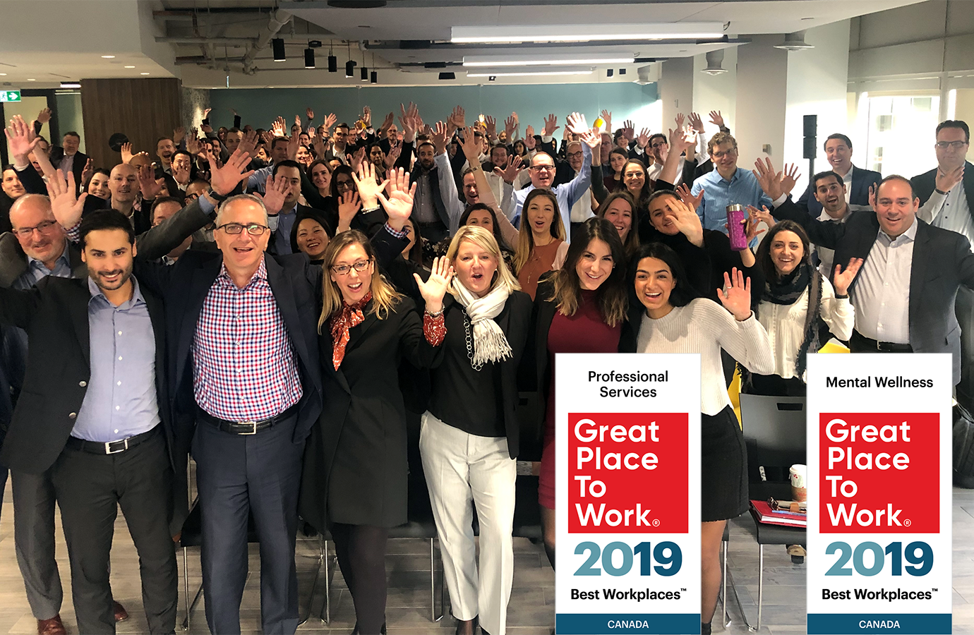 Group Staff Photo with Best Workplaces logos superimposed